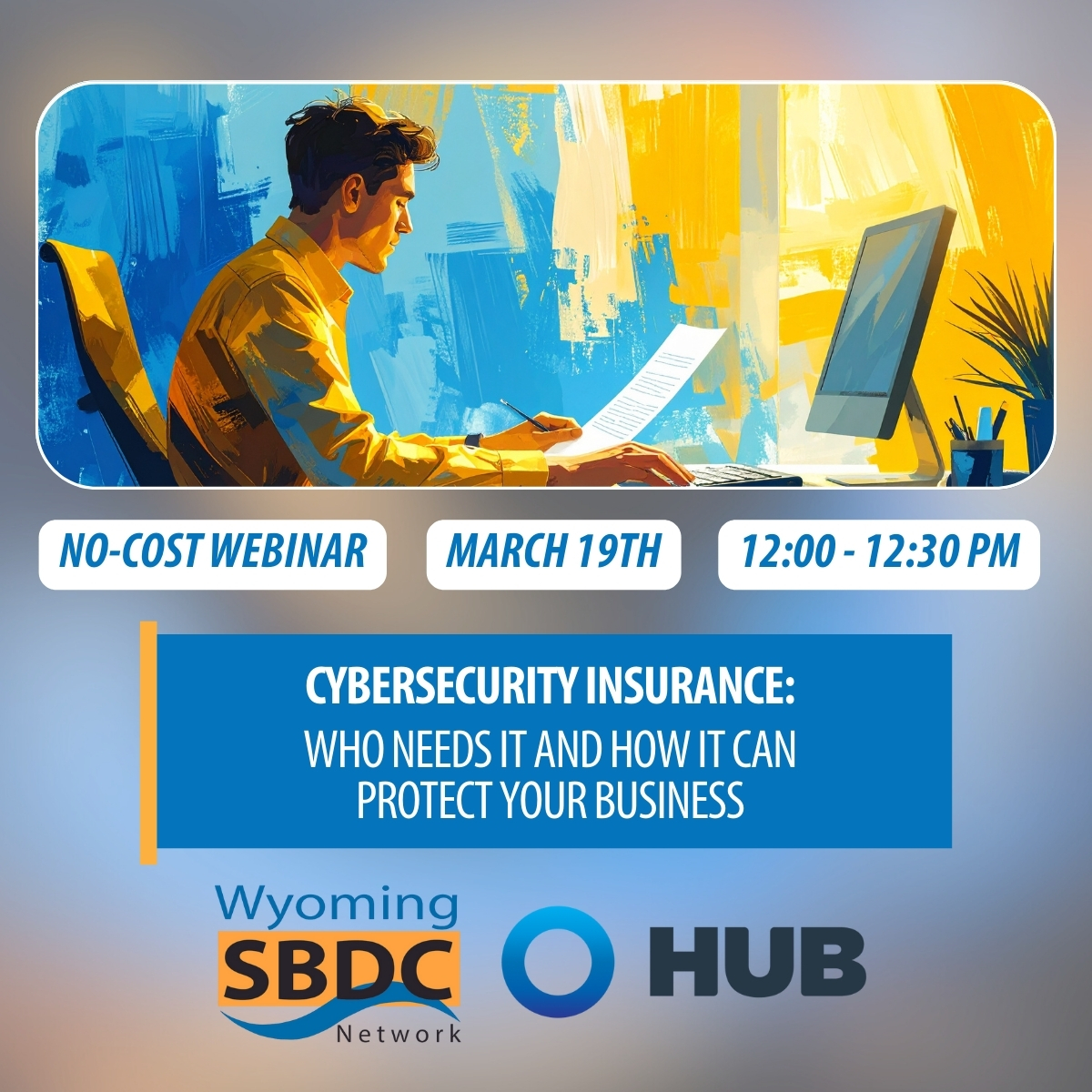 cyber event graphic, man reading doc at computer