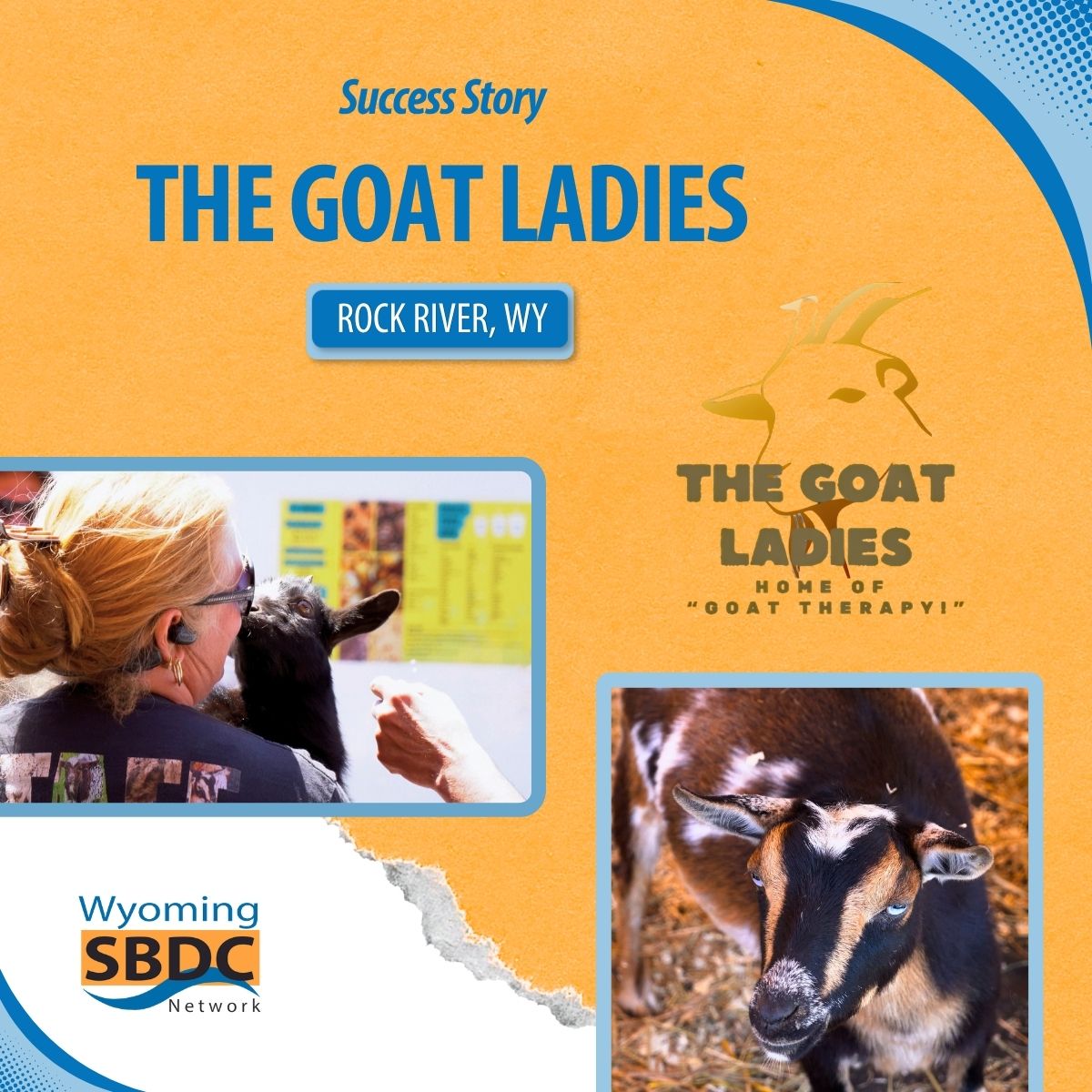 woman holding goat and close up of goat face