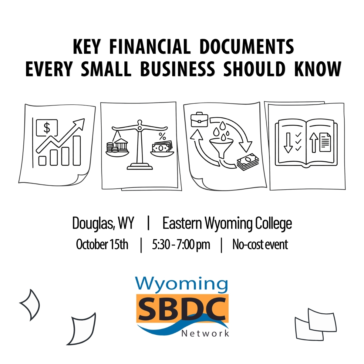 graphic of papers with large business icons and event text
