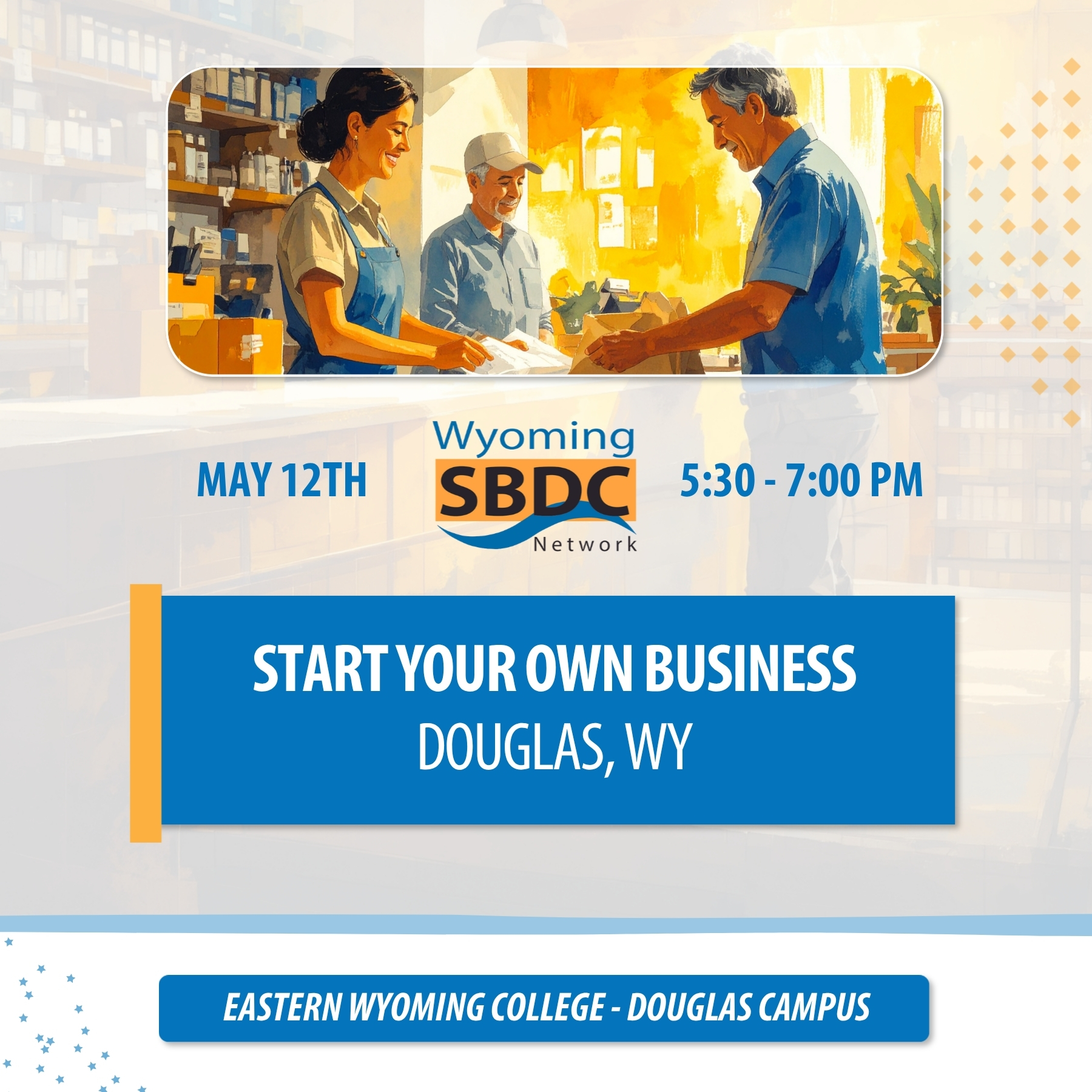 man and woman behind counter of shop serving customer