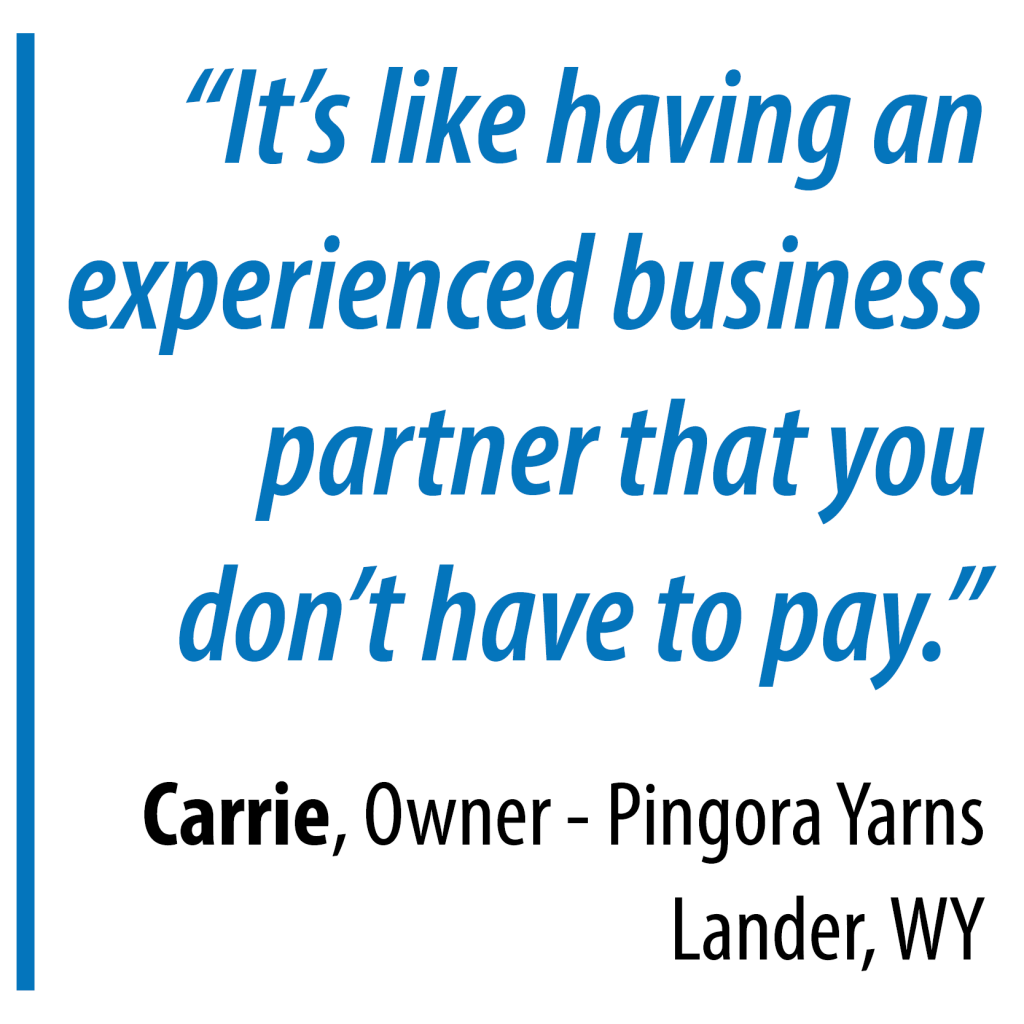 "It's like having an experienced business partner that you don't have to pay." Carrie, Owner - Pingora Yarns, Lander, WY