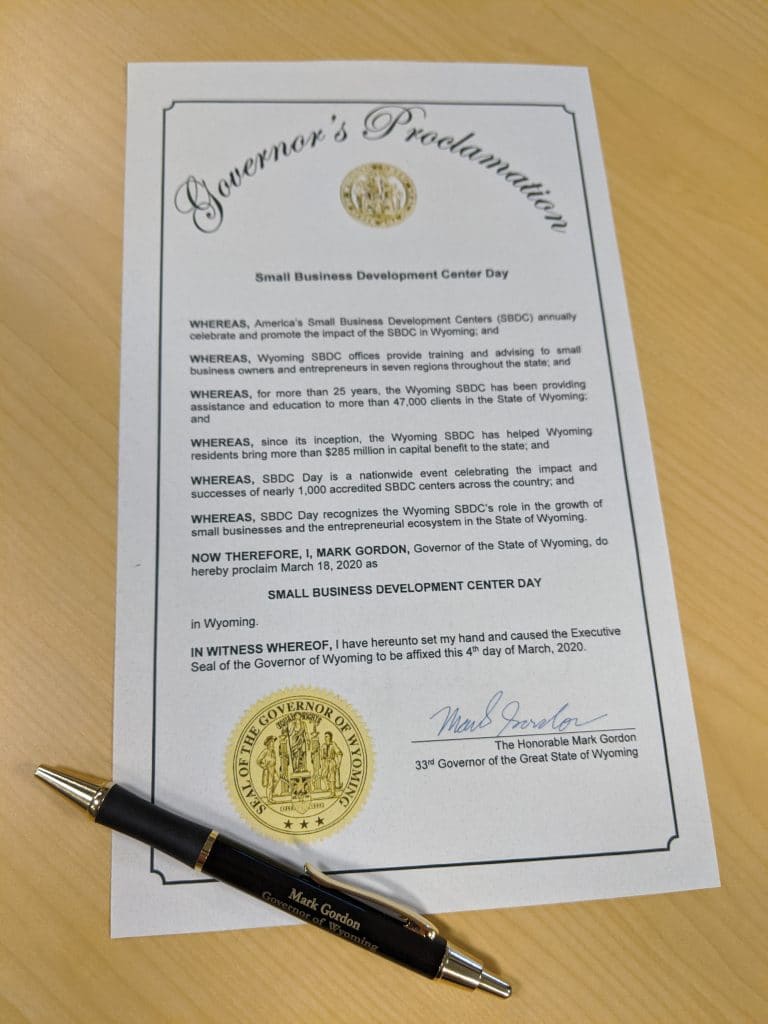 Picture of the 2020 SBDC Day Proclamation signed by Wyoming Gov. Mark Gordon.